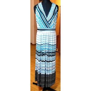 Ashley Stewart Maxi Dress 18/20 Halter V Neck Blue White Coastal Beachy Y2K
